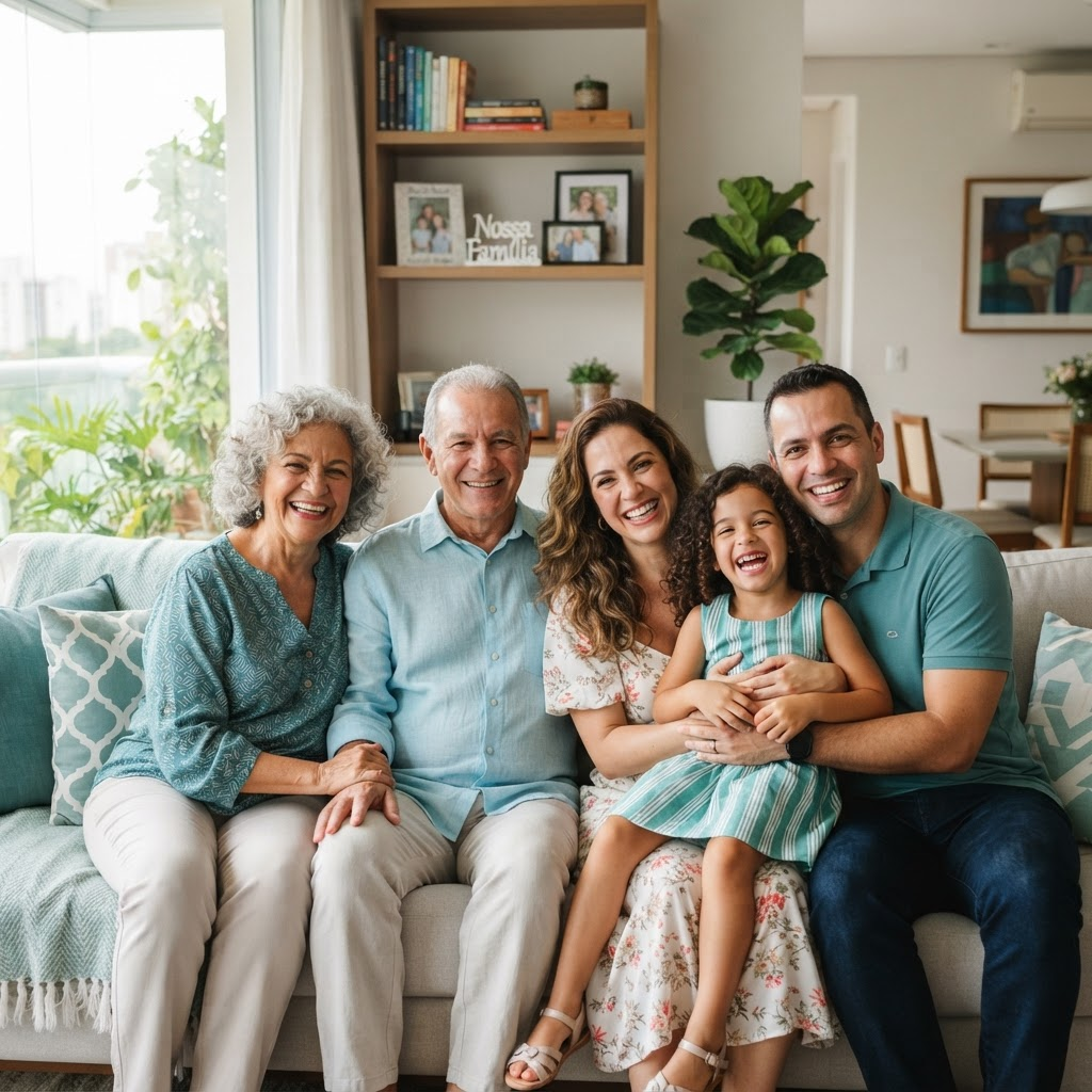 Família feliz e protegida por um plano de saúde da Lacerda Soluções